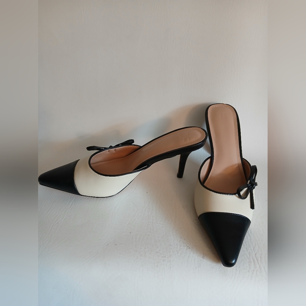Black & Beige Women's Faux Leather Mules String Bow Detail Sz8M 3" Thin Heel